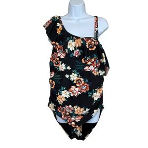 Womens Black Tropical Orange Floral Flower One Piece Swimsuit 1X Plus Beach